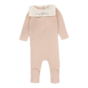 Knit collar footie and bonnet - soft pink