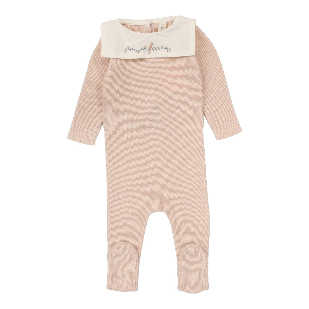 Knit collar footie and bonnet - soft pink