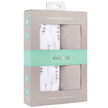 Load image into Gallery viewer, Forest Grey Delicate Leaves + Solid Pebble Grey 2-pack muslin swaddles
