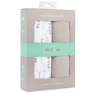 Forest Grey Delicate Leaves + Solid Pebble Grey 2-pack muslin swaddles