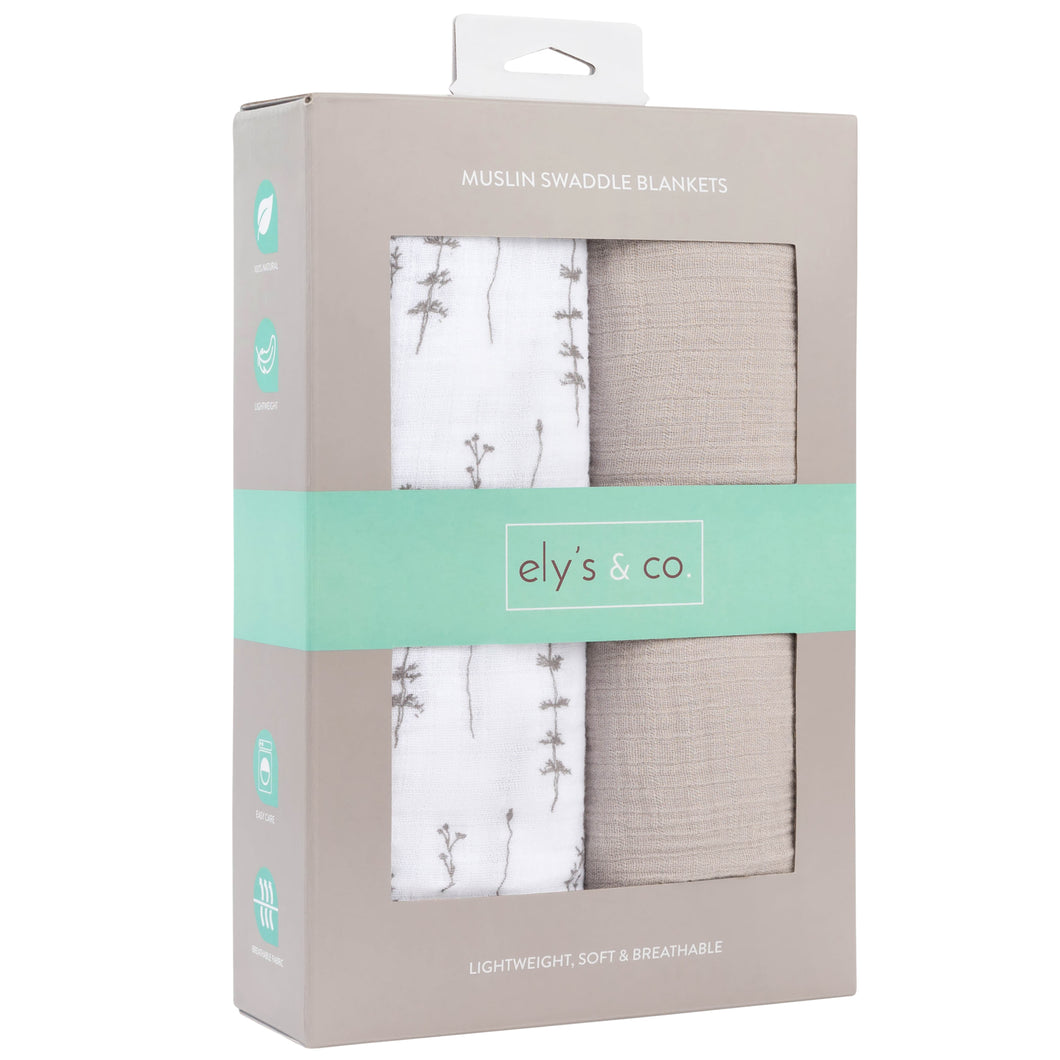 Forest Grey Delicate Leaves + Solid Pebble Grey 2-pack muslin swaddles