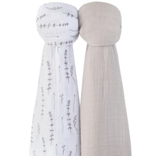 Load image into Gallery viewer, Forest Grey Delicate Leaves + Solid Pebble Grey 2-pack muslin swaddles
