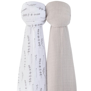 Forest Grey Delicate Leaves + Solid Pebble Grey 2-pack muslin swaddles