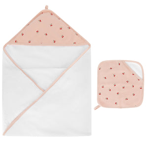 Hooded Towel with Pocket Wash Cloth Pink Cherries