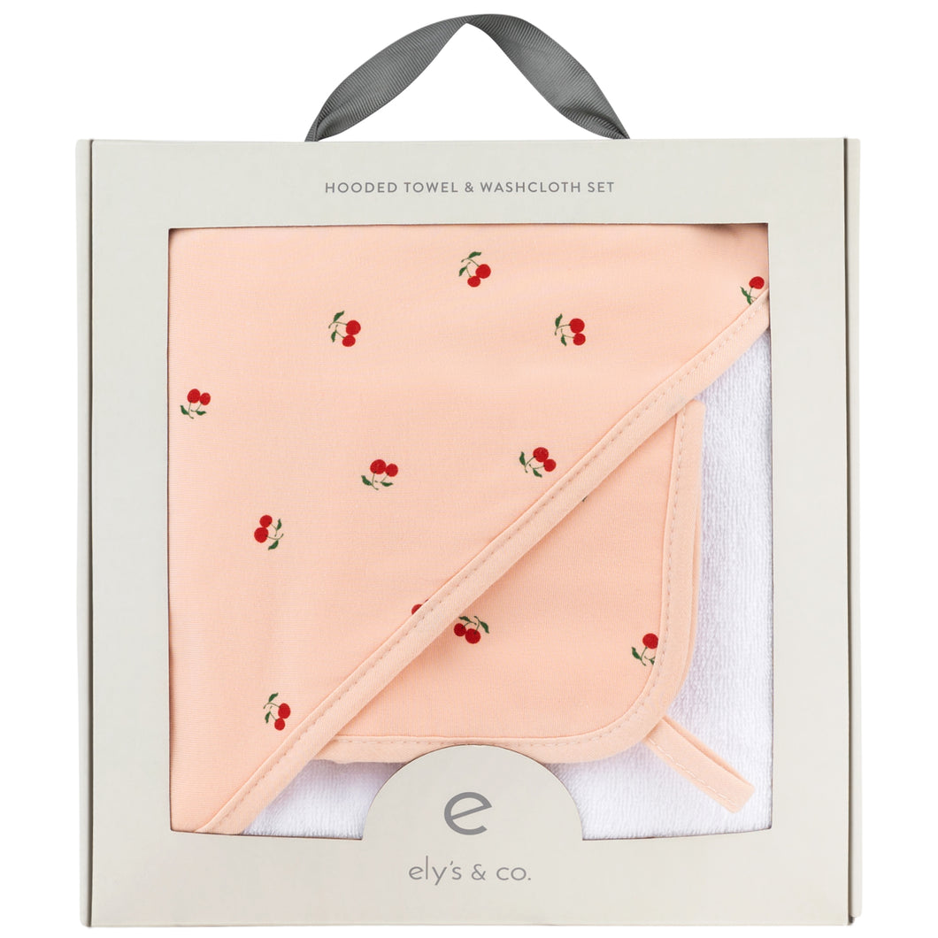 Hooded Towel with Pocket Wash Cloth Pink Cherries