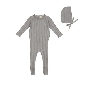 Slate pointelle knit footie and bonnet