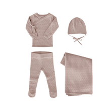 Load image into Gallery viewer, Mauve cross stitch knit 4 pc layette set
