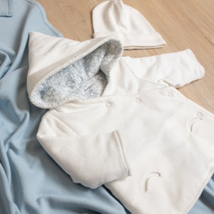 Anais - White with beau blue spring jacket and hat