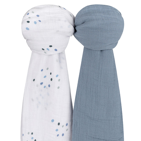 Blue solid and dot 2-pack muslin swaddles