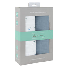 Load image into Gallery viewer, Blue solid and dot 2-pack muslin swaddles
