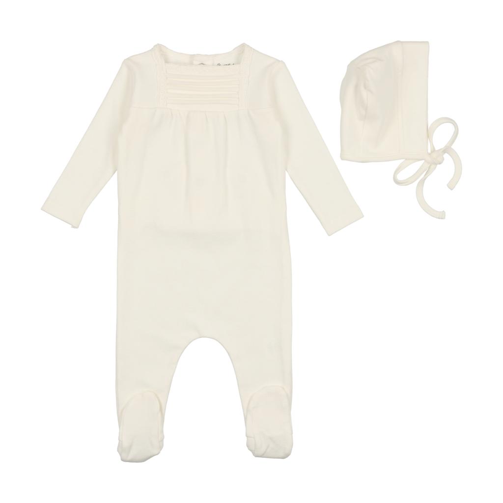 Camille - Pearl white pleat footie with bonnet