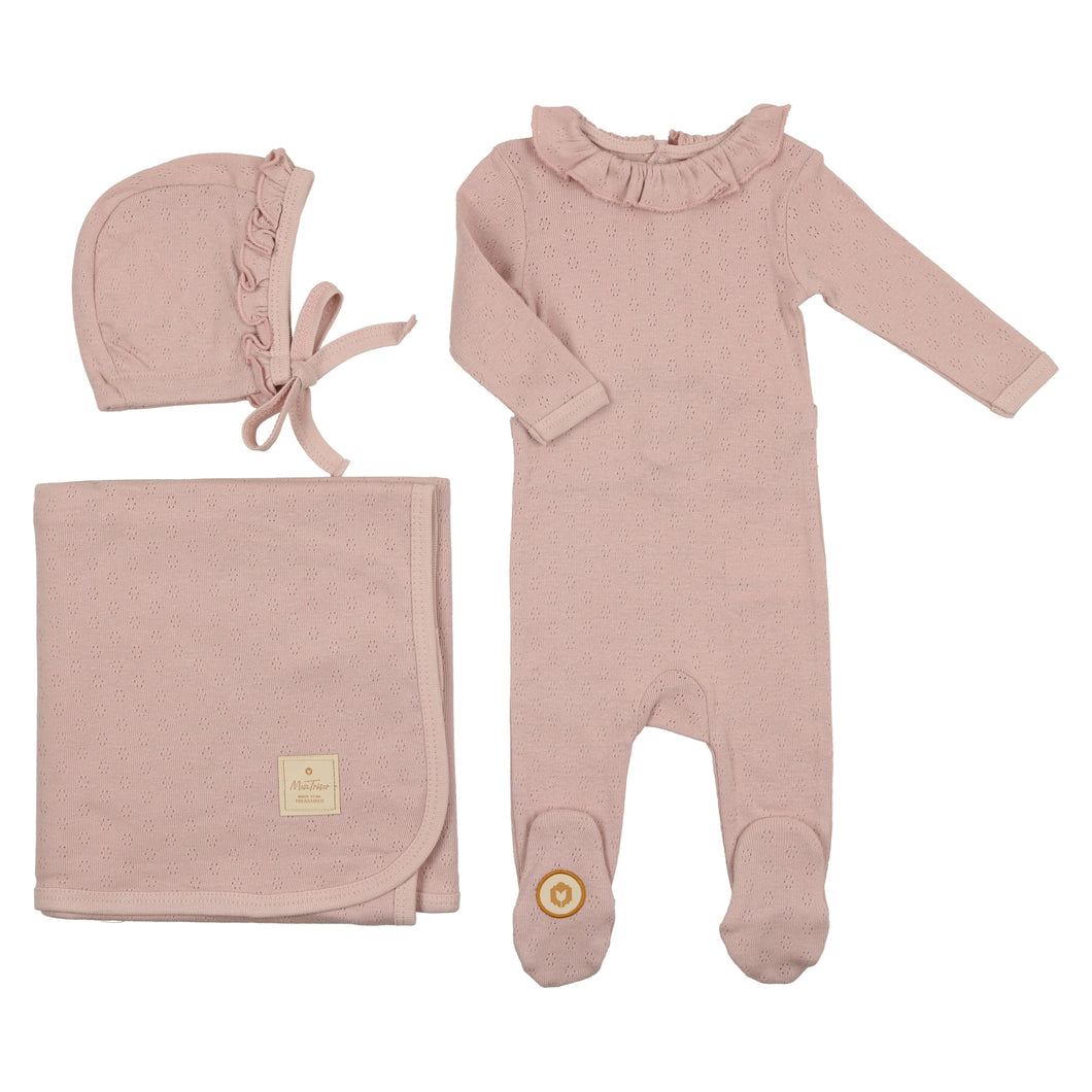 Ruffled pointelle layette set - light rose