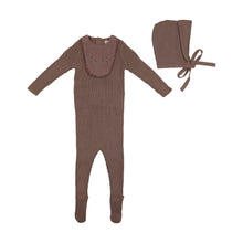 Load image into Gallery viewer, Coffee knit embroidered bib footie with bonnet
