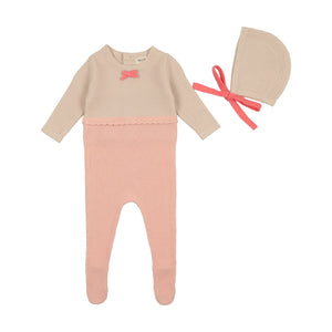 Knit collection - Pink tint colorblock footie with bonnet