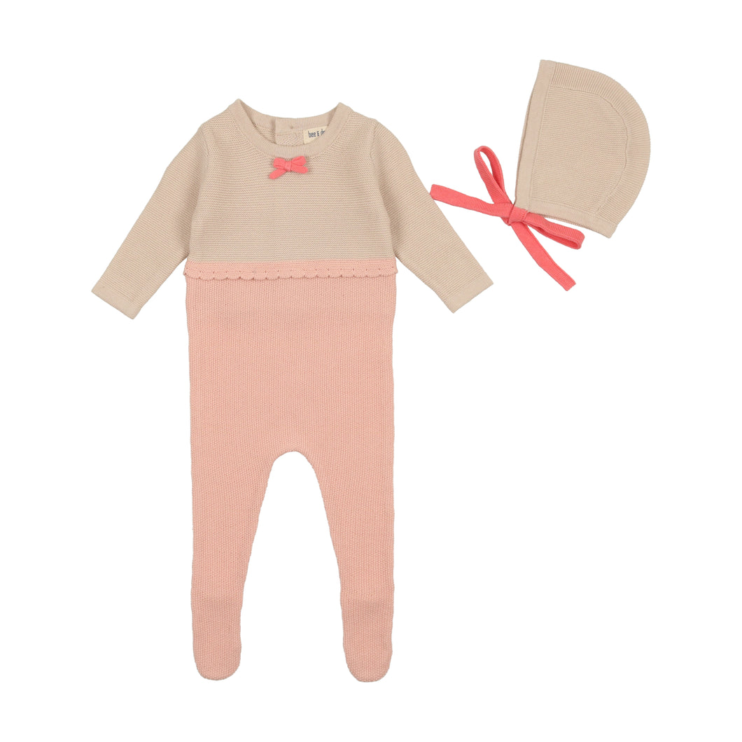 Knit collection - Pink tint colorblock footie with bonnet