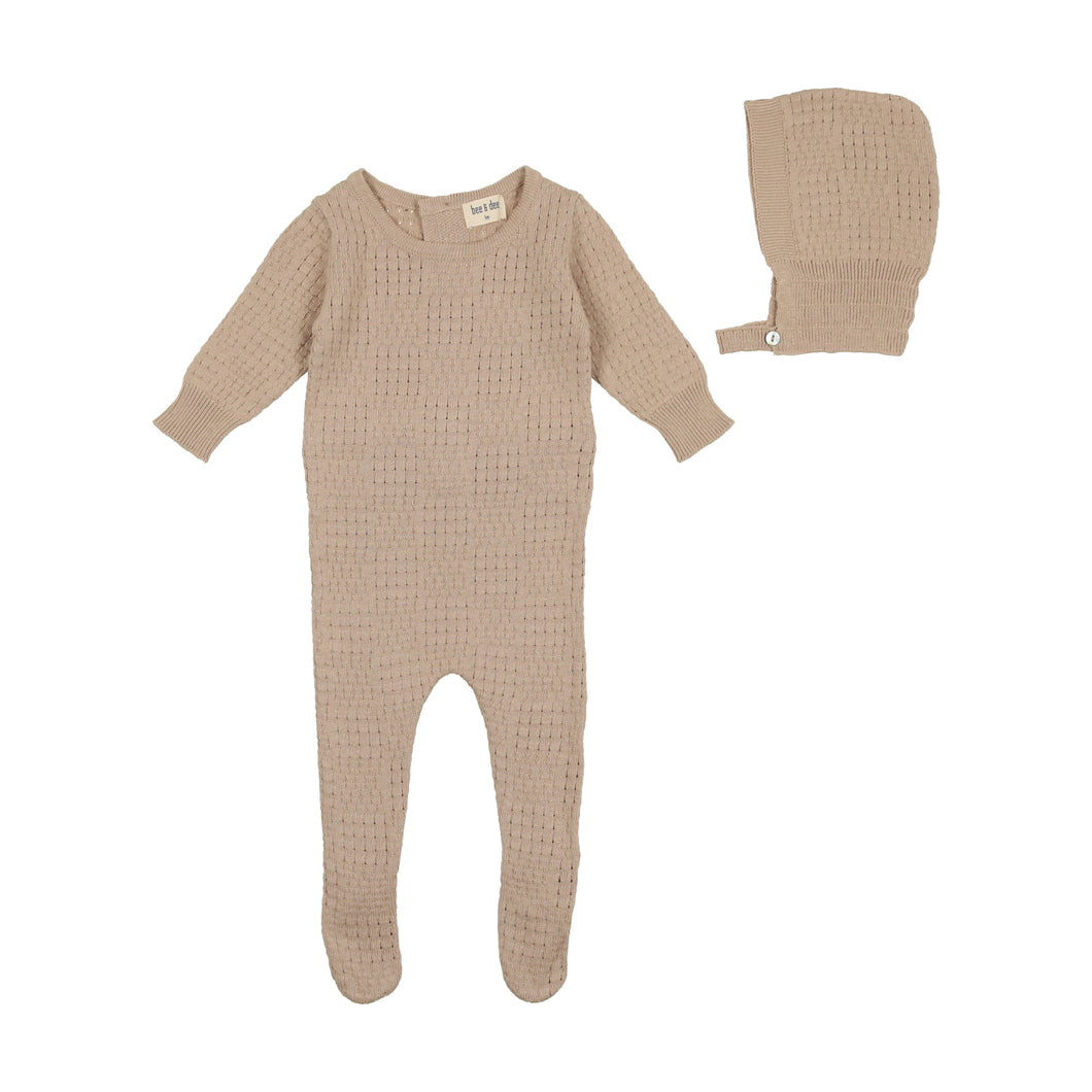 Knit pointelle collection - Taupe footie with bonnet