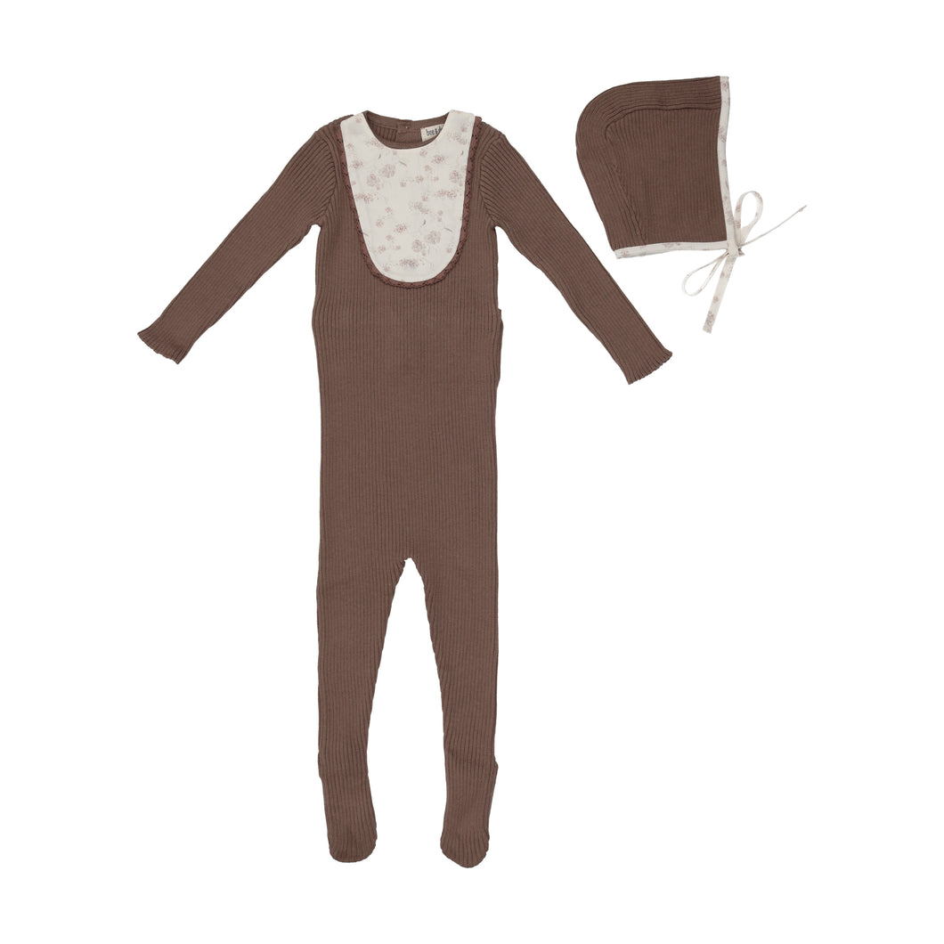 Mocha knit print bib layette set