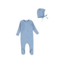 Load image into Gallery viewer, Mid blue classic ribbed footie with bonnet
