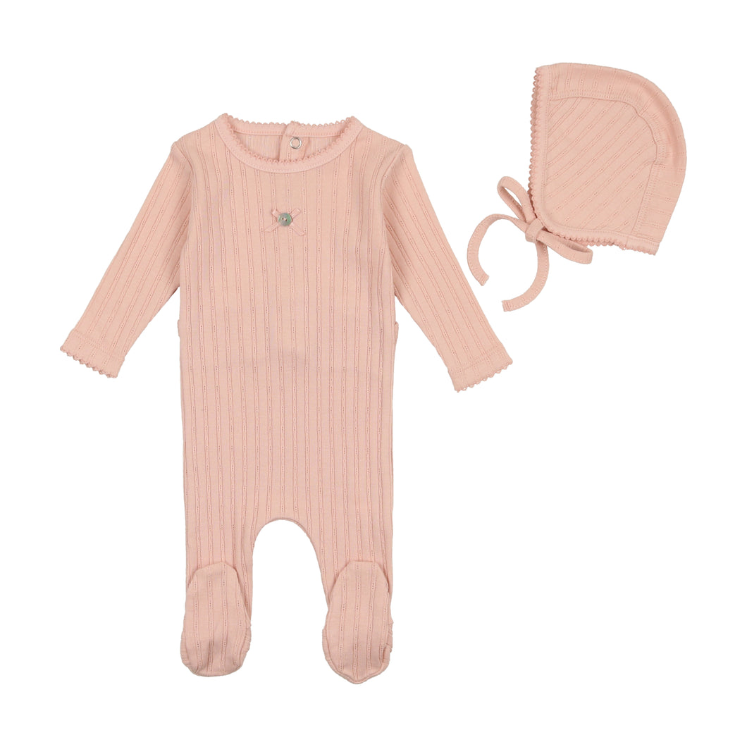 Blush pointelle footie with bonnet