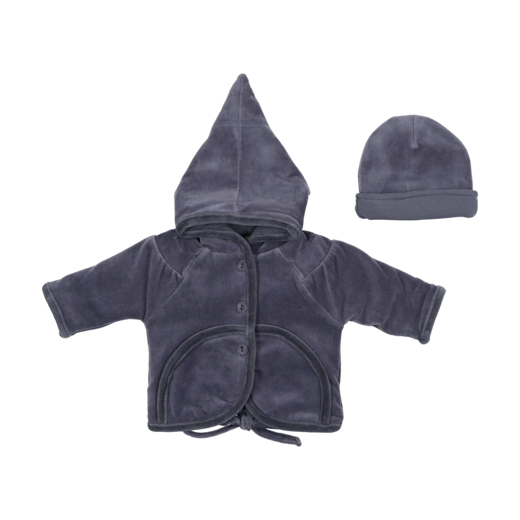 Mid blue velour jacket and hat